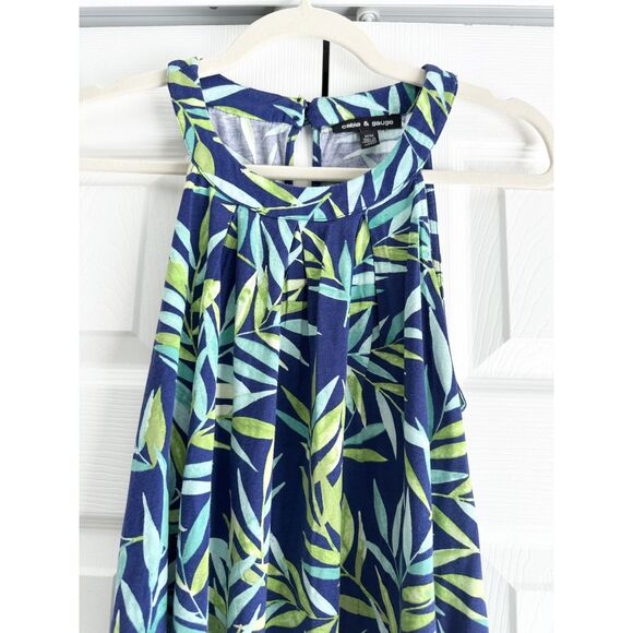 Cable & Gauge Tank Top Size M Blue Green Leaf Print Sleeveless Halter Top - Picture 2 of 10